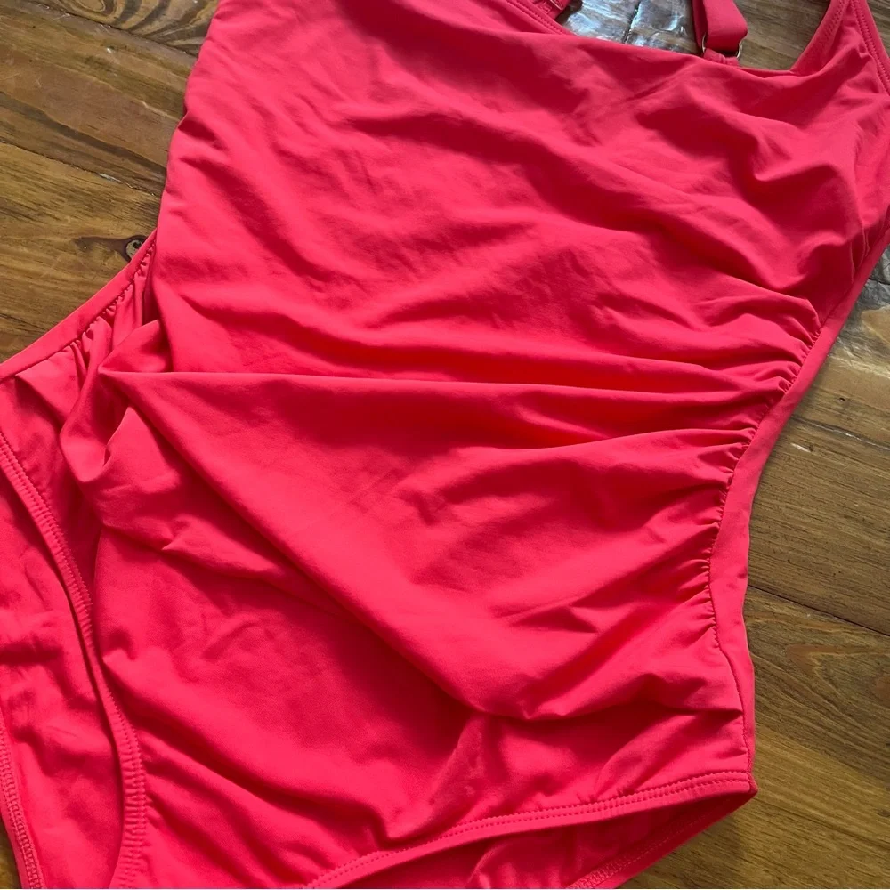 Anne Cole Ruched One-Piece‎ Swimsuit in Red Square Neckline Adjustable Small
